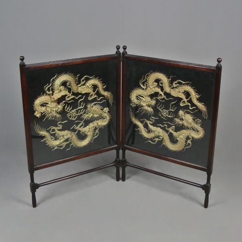 Fine 19th Century Chinese Dragon Gold Thread Embroidered Fireside Screen C.1890