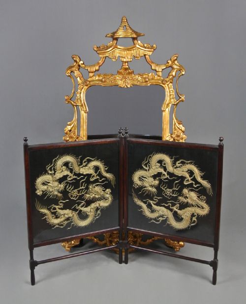 fig 1. Fine 19th Century Chinese Dragon Gold Thread Embroidered Fireside Screen c.1890