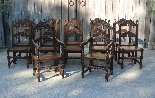 Set of Twelve 17th Century Derbyshire Back Stools – Ten Standards and Two Carvers C. 1680
