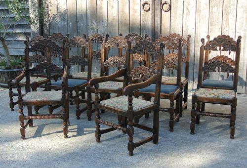fig 1. Set of Twelve 17th Century Derbyshire Back Stools – Ten Standards and Two Carvers c. 1680