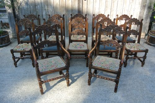 fig 2. Set of Twelve 17th Century Derbyshire Back Stools – Ten Standards and Two Carvers c. 1680