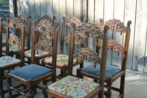 fig 3. Set of Twelve 17th Century Derbyshire Back Stools – Ten Standards and Two Carvers c. 1680