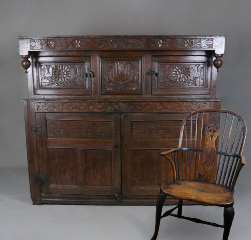 fig 1. Superb Initialled and Dated Charles II Oak Press Court Cupboard - Dated 1685