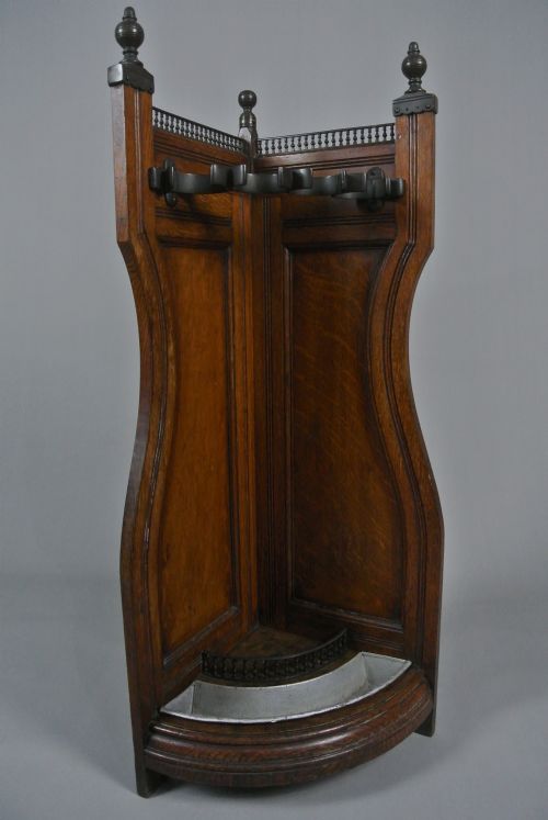 VICTORIAN ARTS AND CRAFTS OAK AND BRONZE CORNER STICK STAND C 1880