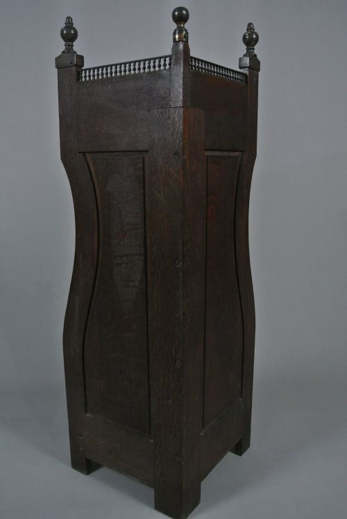VICTORIAN ARTS AND CRAFTS OAK AND BRONZE CORNER STICK STAND C 1880 - ADDITIONAL PHOTO 2
