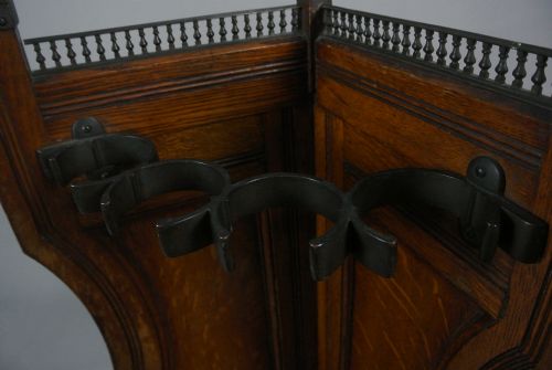 VICTORIAN ARTS AND CRAFTS OAK AND BRONZE CORNER STICK STAND C 1880 - ADDITIONAL PHOTO 3