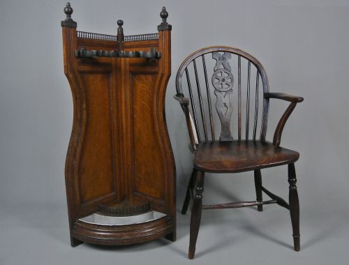 VICTORIAN ARTS AND CRAFTS OAK AND BRONZE CORNER STICK STAND C 1880 - ADDITIONAL PHOTO 5