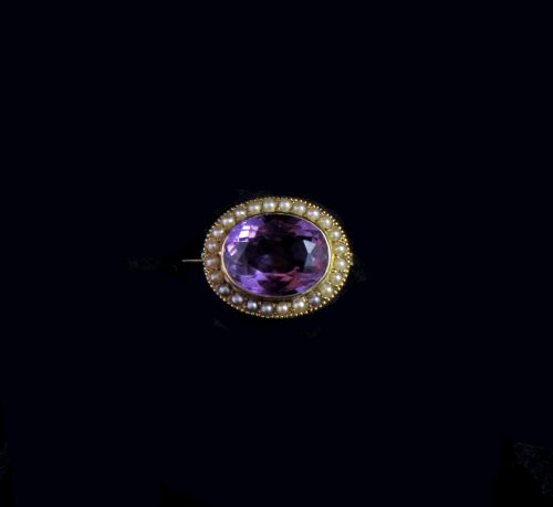 fig 1. Oval Cut Seed Pearl and Large Amethyst Brooch by Murrle Bennett c. 1890