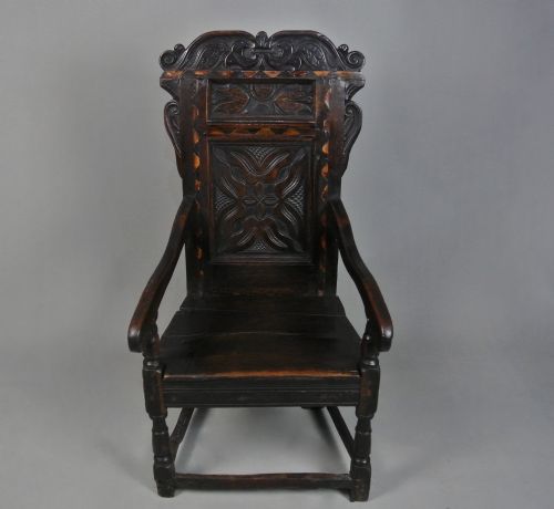 English Oak ‘Great Chair’ Inlaid with Holly and Bog Oak C. 1650