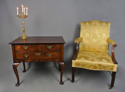 fig 1. Glorious Queen Anne Figured Walnut Lowboy with Original Brasses c. 1710