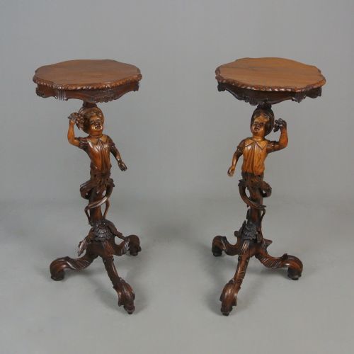 Pair of 19th Century Black Forest Carved Walnut Torcheres C. 1860
