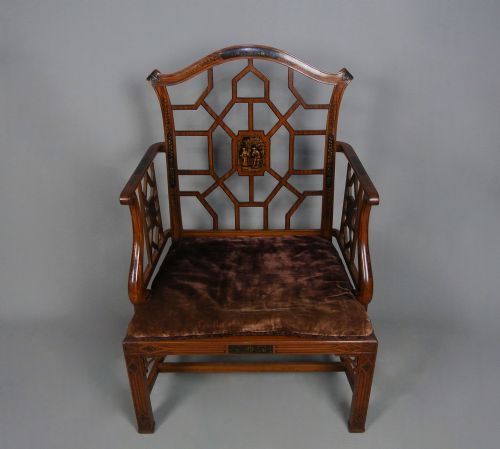 fig 1. Superb Satinwood and Hand Painted Chinoiserie Cockpen Armchair c. 1900