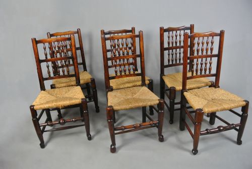 fig 1. Good and True Set of Six 19th Century Elm Spindle Back Chairs c. 1860