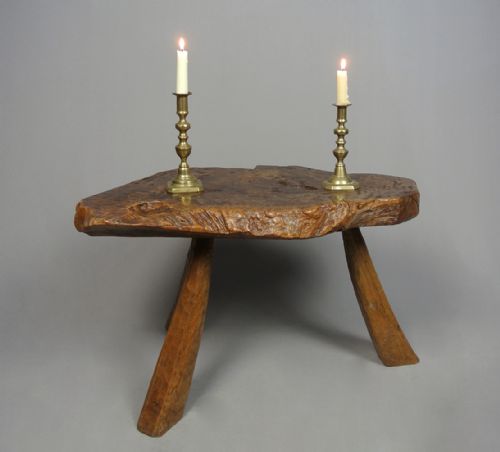 Primitive Antique Solid Burr Walnut Bench or Table with Copper Penny C. 1940