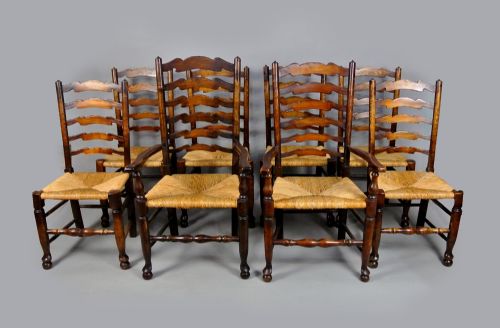 fig 1. Set of 8 Solid Elm Rush Seated Ladder Back Chairs c. 1900