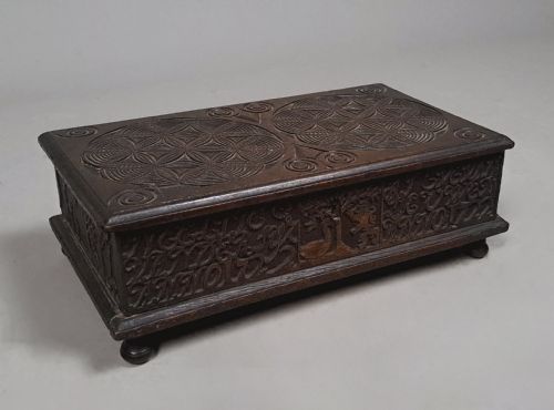 Small Well Carved Bible Box with Bible Dated 1722