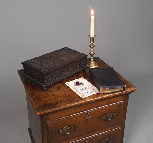 fig 1. Small Well Carved Bible Box with Bible Dated 1722