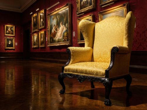 fig 1. A Georgian mahogany wingback armchair upholstered in patterned gold damask fabric, featuring carved cabriole legs and an ornate apron.