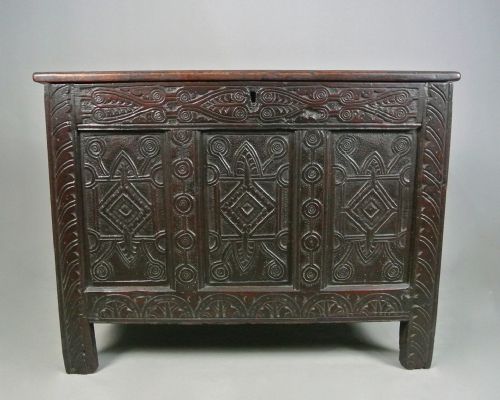 JAMES I PERIOD CARVED OAK COFFER C 1610