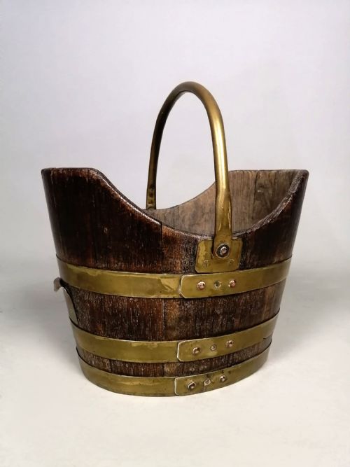 RARE GEORGIAN BRASS BANDED COAL BUCKET C 1750
