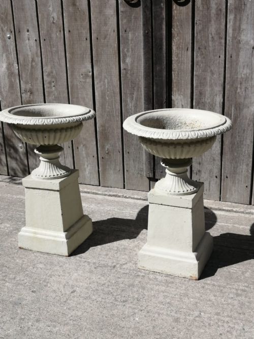 fig 2. A matching pair of painted off-white cast iron garden urns with fluted rims resting on square pedestals.