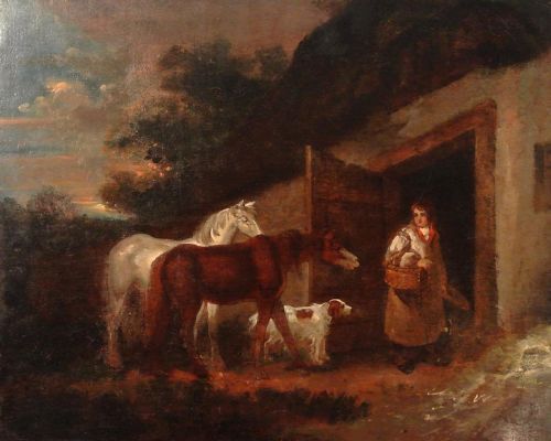 fig 2. A nineteenth-century framed oil painting showing a rural farmyard scene with two horses, a dog, and a figure beside a doorway.
