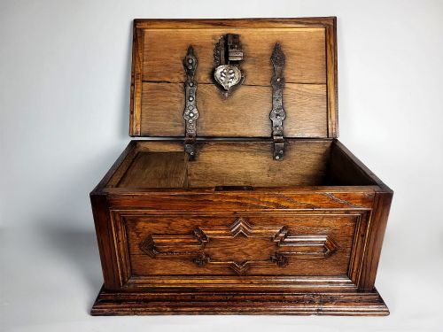 Charles II Oak Safe Box with Original Complex Steel Lock C. 1680