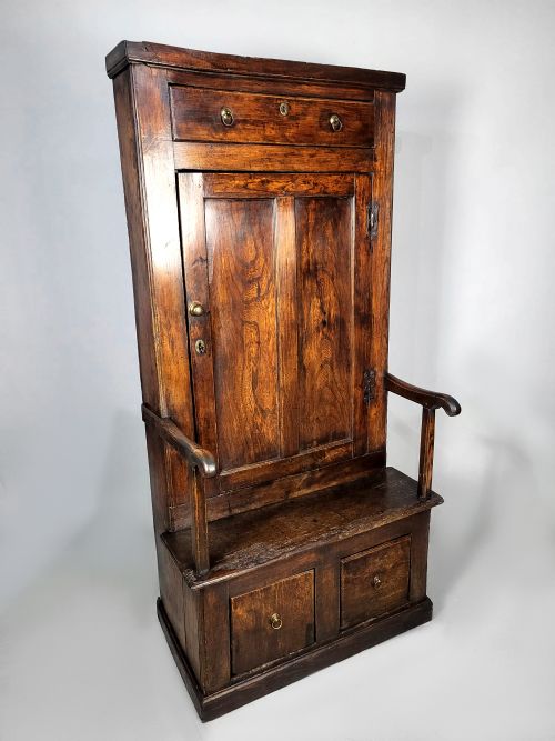 Exceptional George II Solid Elm Bacon Settle and Cupboard C. 1740