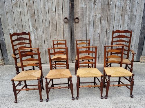Set of Eight 19th Century Rush Seated Country Bar Back Chairs