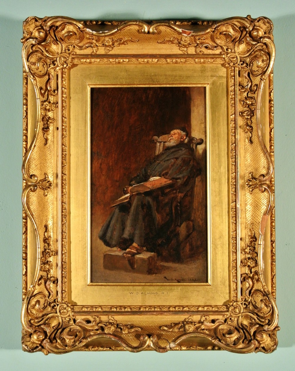 W D Almond RI - Oil Painting on Board in Original Frame Dated 1888 - Sleeping Monk