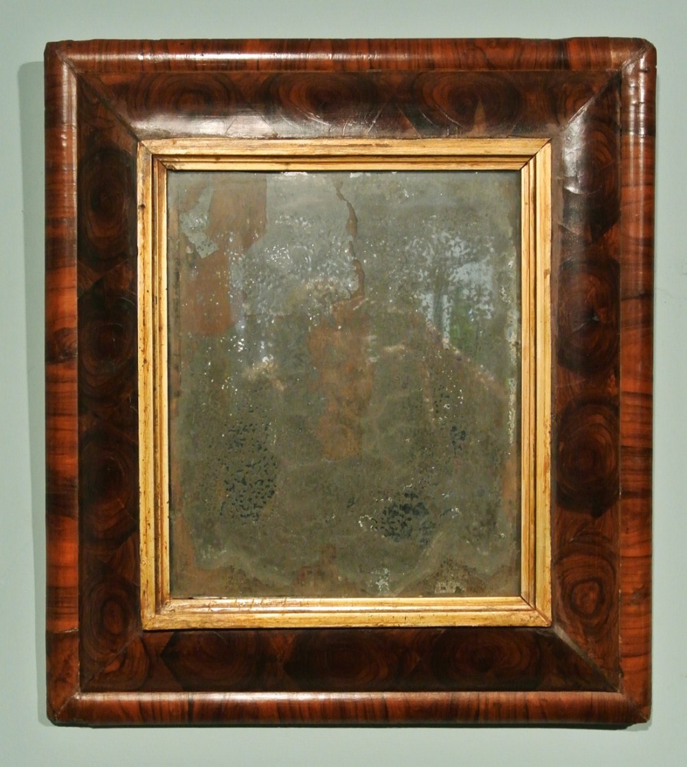 William and Mary Laburnum Oyster Veneer Cushion Mirror with Original Plate  c. 1690
