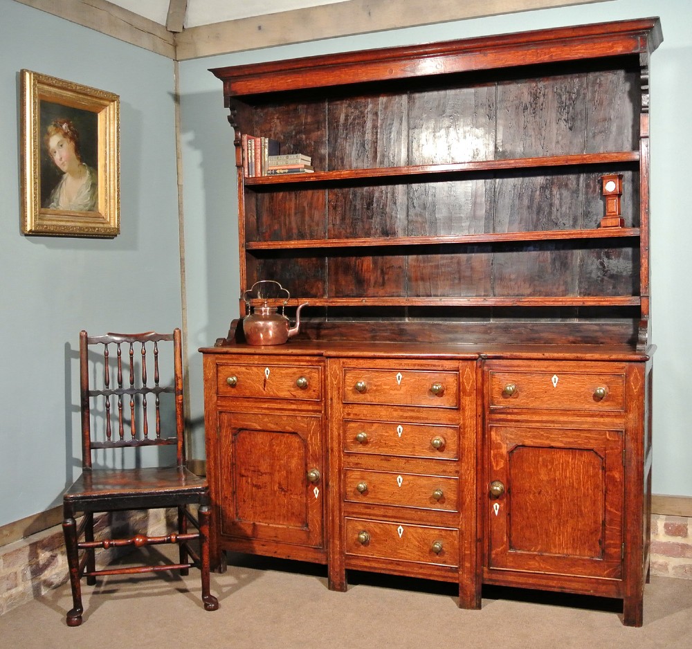 Handsome George III Oak Breakfront Dresser with Losenge Inlays c. 1800