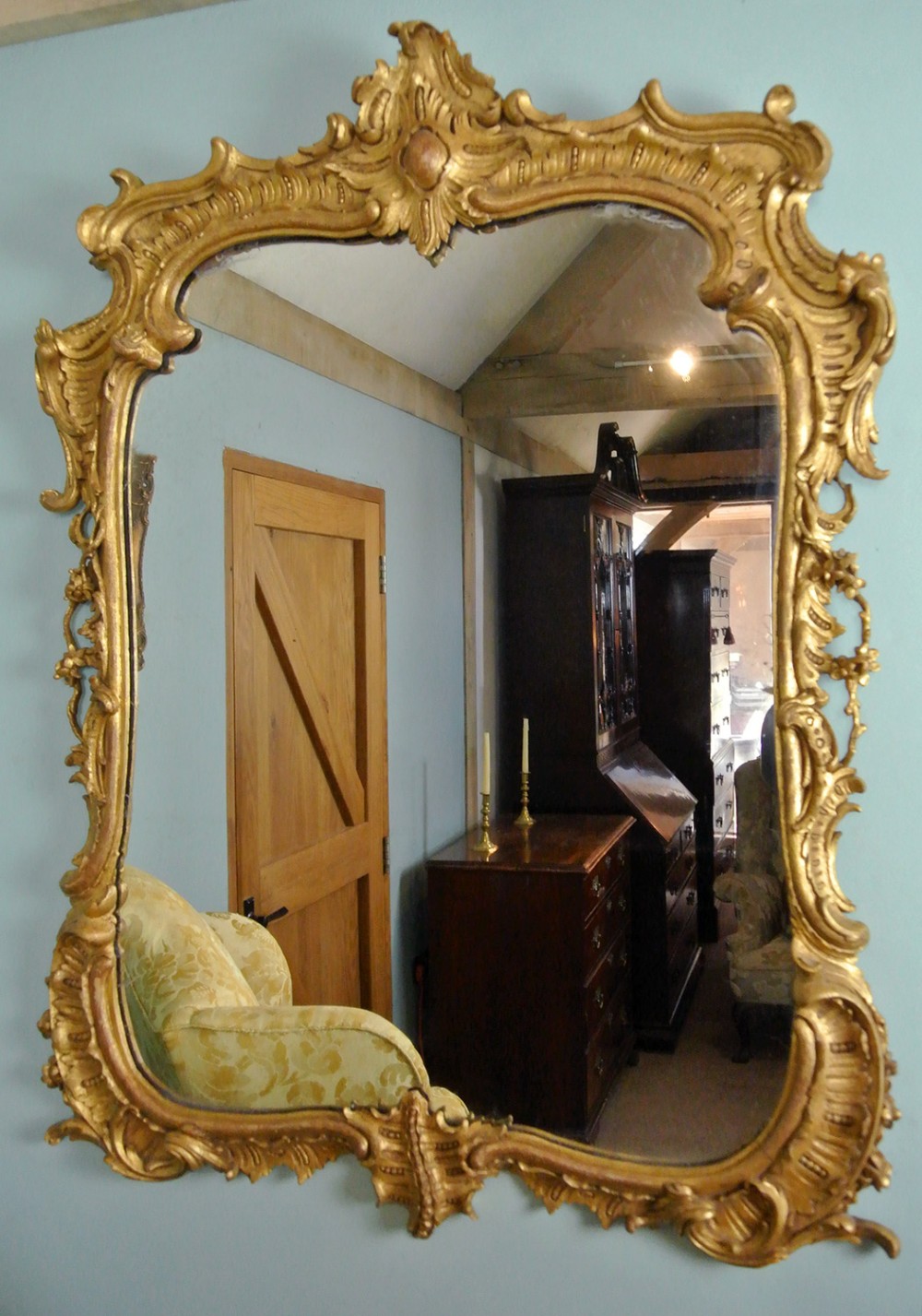 Louis XV Large 18th Century Carved and Gilded Mirror with Original Plate c. 1750