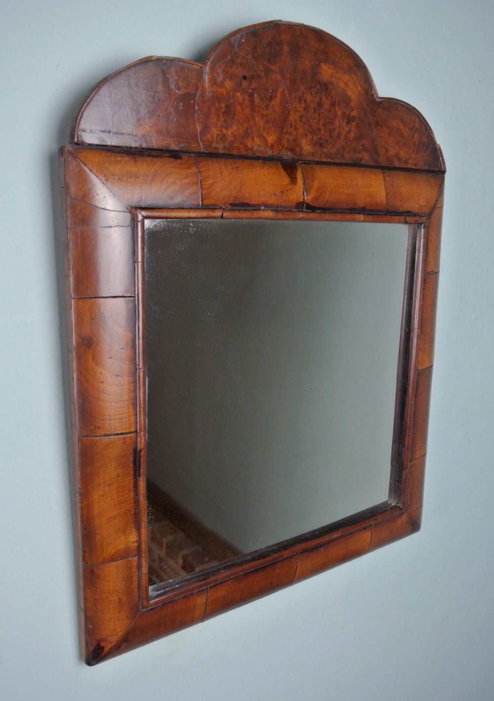 William and Mary Walnut Cushion Framed Mirror with Original Burr Walnut Cresting c. 1690