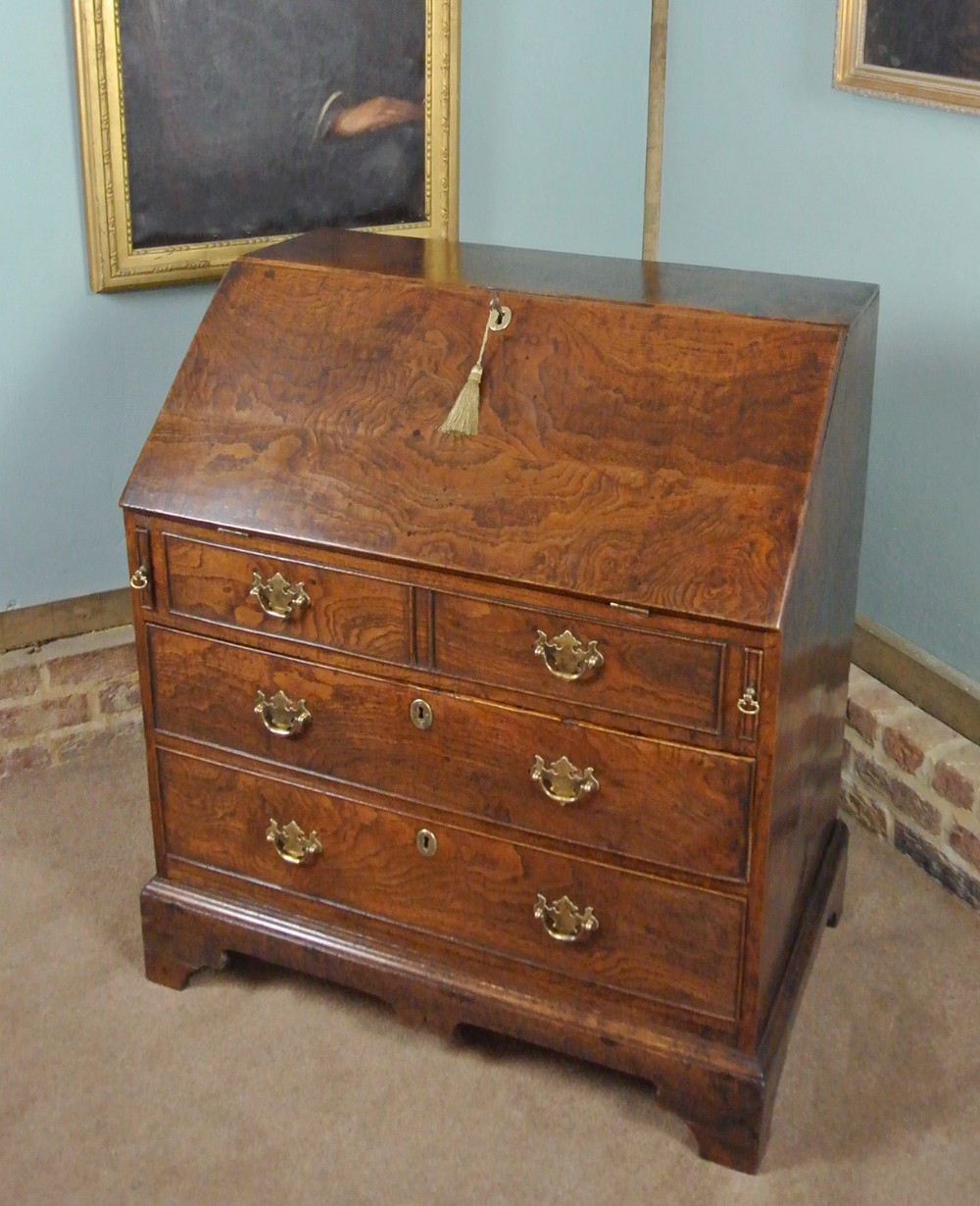 Small Georgian Solid Elm and Burr Elm Bureau with A Fabulous Colour c. 1750