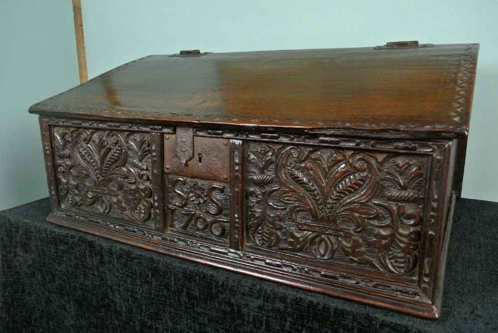 Fine and Large Queen Anne Oak Writing Box dated 1706