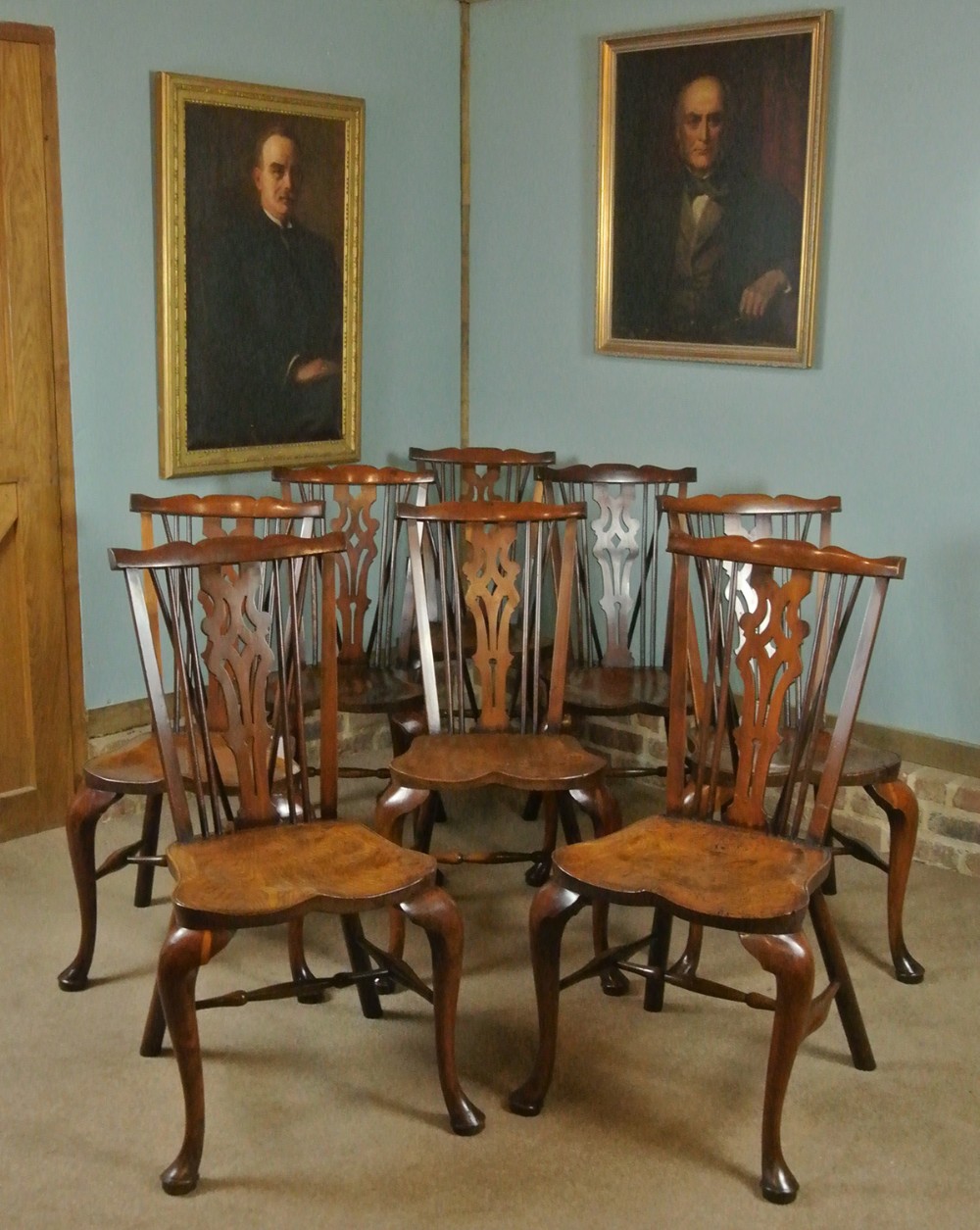 Rare Set of Eight 19th Century Burr Elm Stick Back Chairs c. 1890