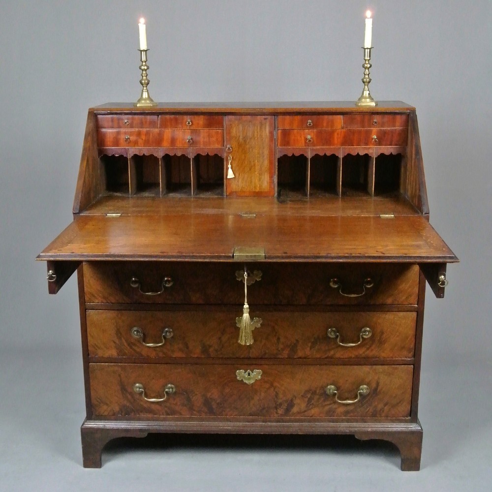 George III Elm, Oak and Padauk Bureau with Original Brasses c. 1780