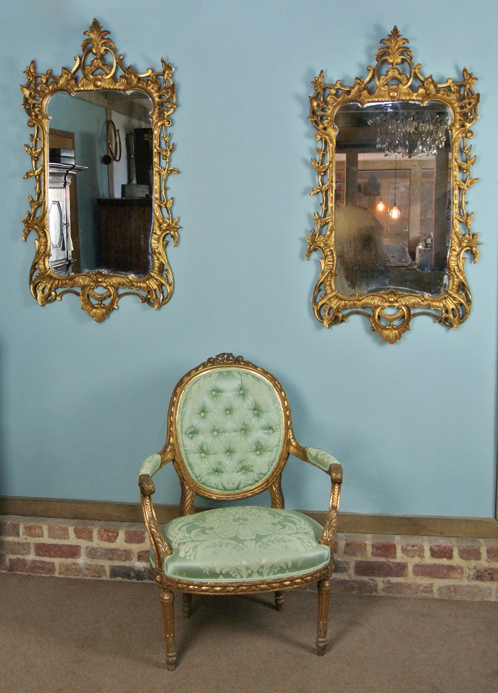 Pair of Large Antique Chippendale Design Giltwood Mirrors 