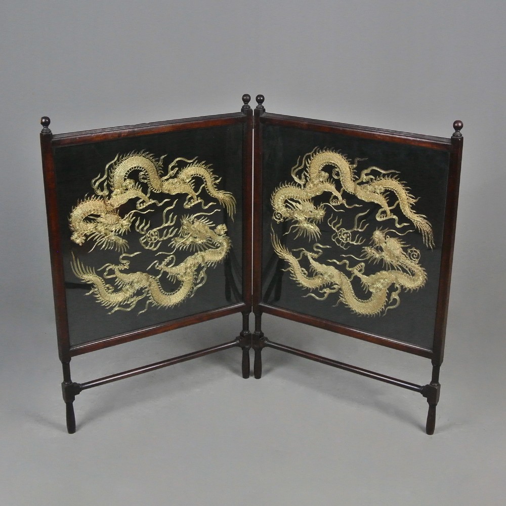 Fine 19th Century Chinese Dragon Gold Thread Embroidered Fireside Screen c.1890