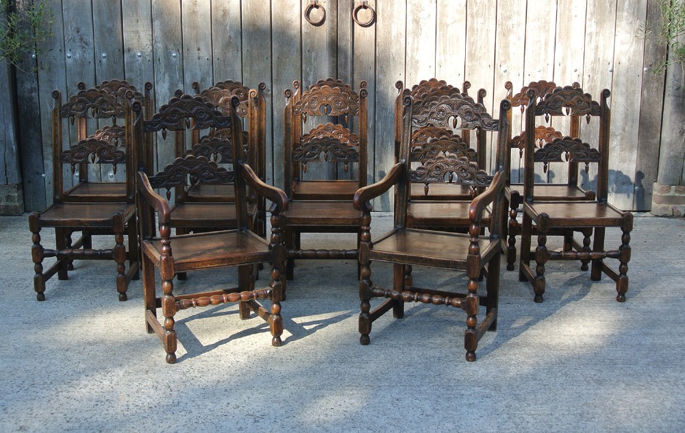 Set of Twelve 17th Century Derbyshire Back Stools – Ten Standards and Two Carvers c. 1680