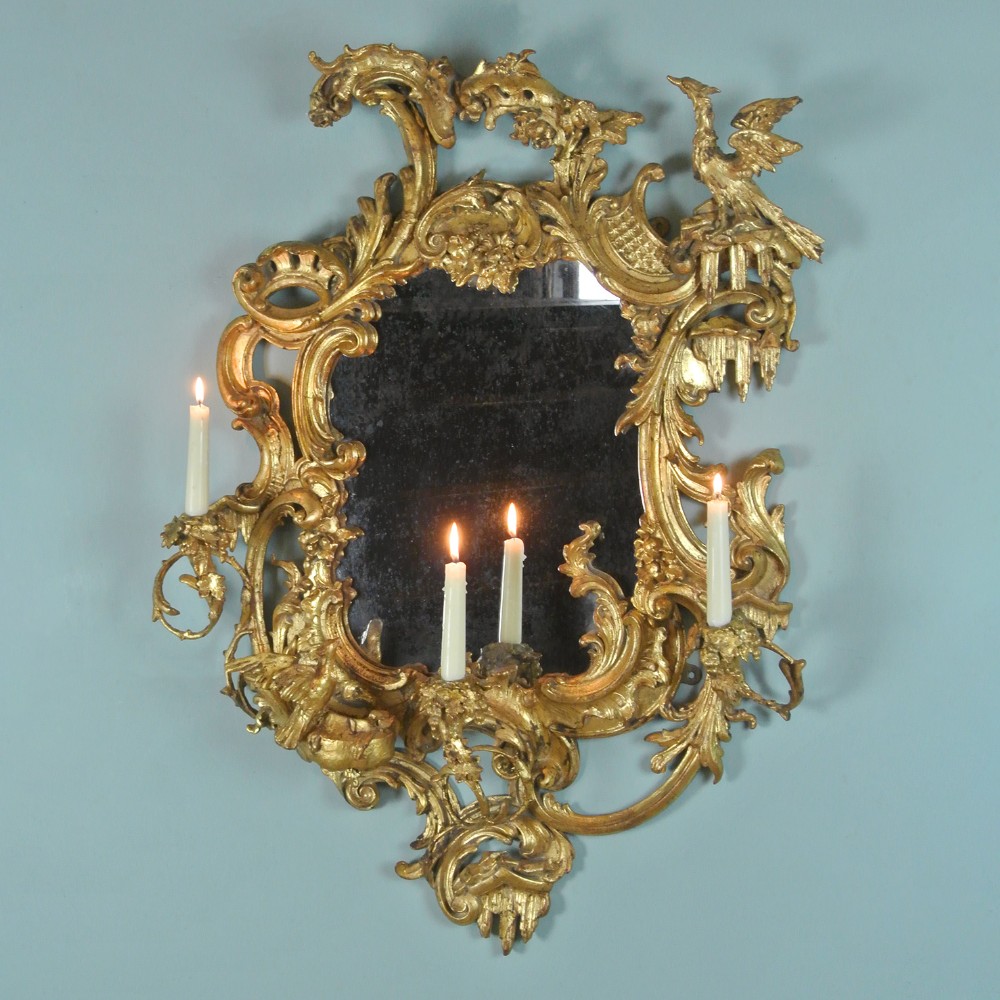 Important George II Chippendale Period Carved Giltwood Girandole Mirror c. 1750