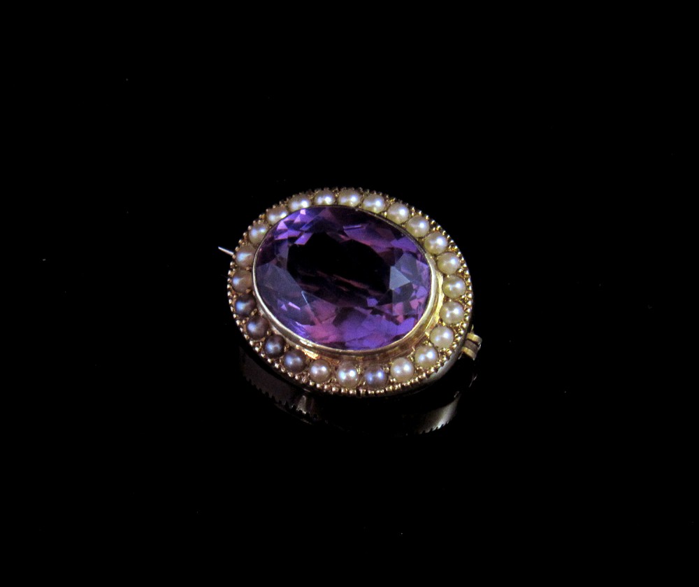  Oval Cut Seed Pearl and Large Amethyst  Brooch by Murrle Bennett c. 1890