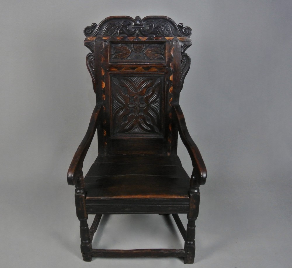 English Oak ‘Great Chair’ inlaid with Holly and Bog Oak c. 1650