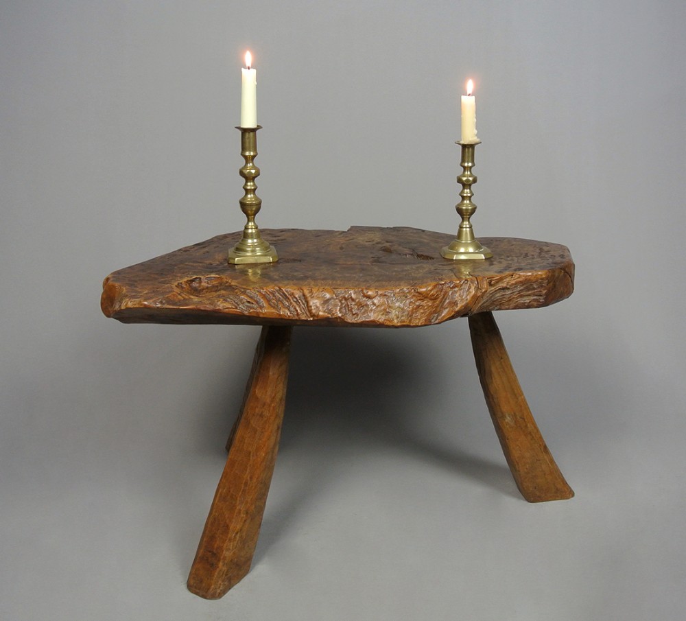 Primitive Antique Solid Burr Walnut Bench or Table with Copper Penny c. 1940