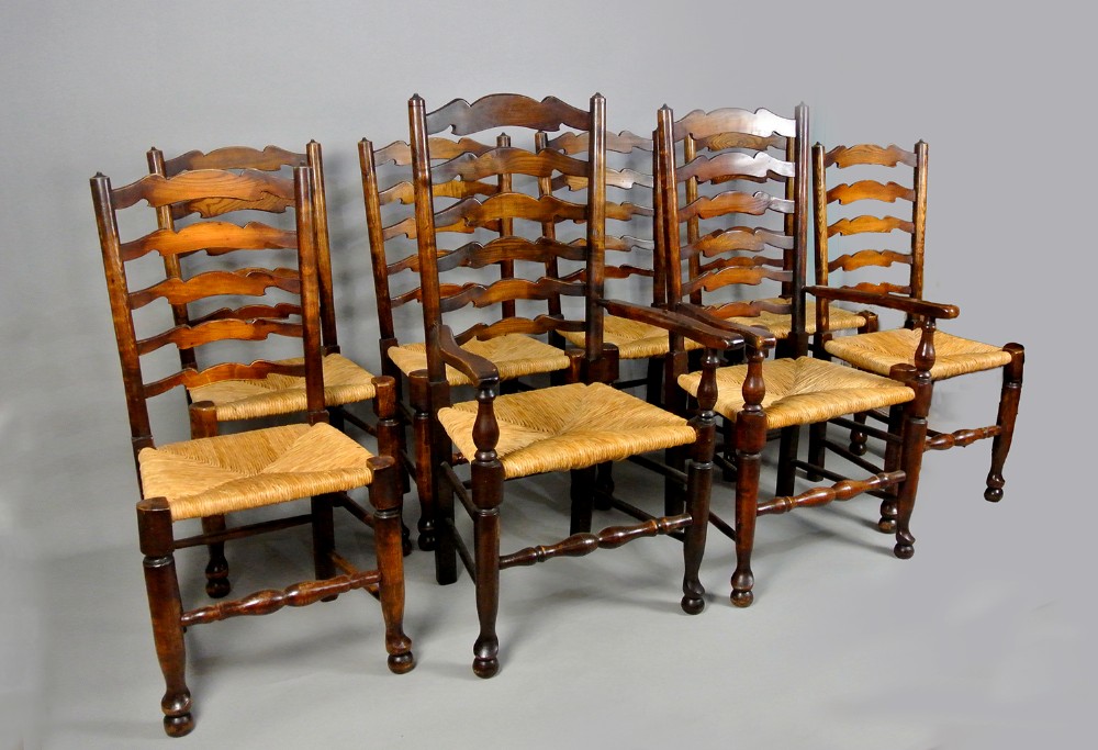 Set of 8 Solid Elm Rush Seated Ladder Back Chairs c. 1900