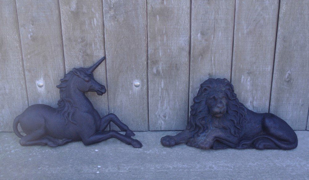 Large Victorian Cast Iron Lion and Unicorn Figures c. 1870