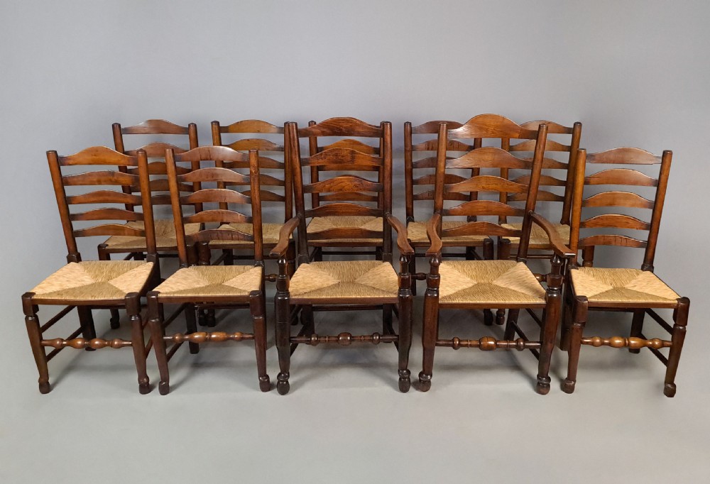 Good Set of Ten Antique Ash and Elm Ladderback Chairs 