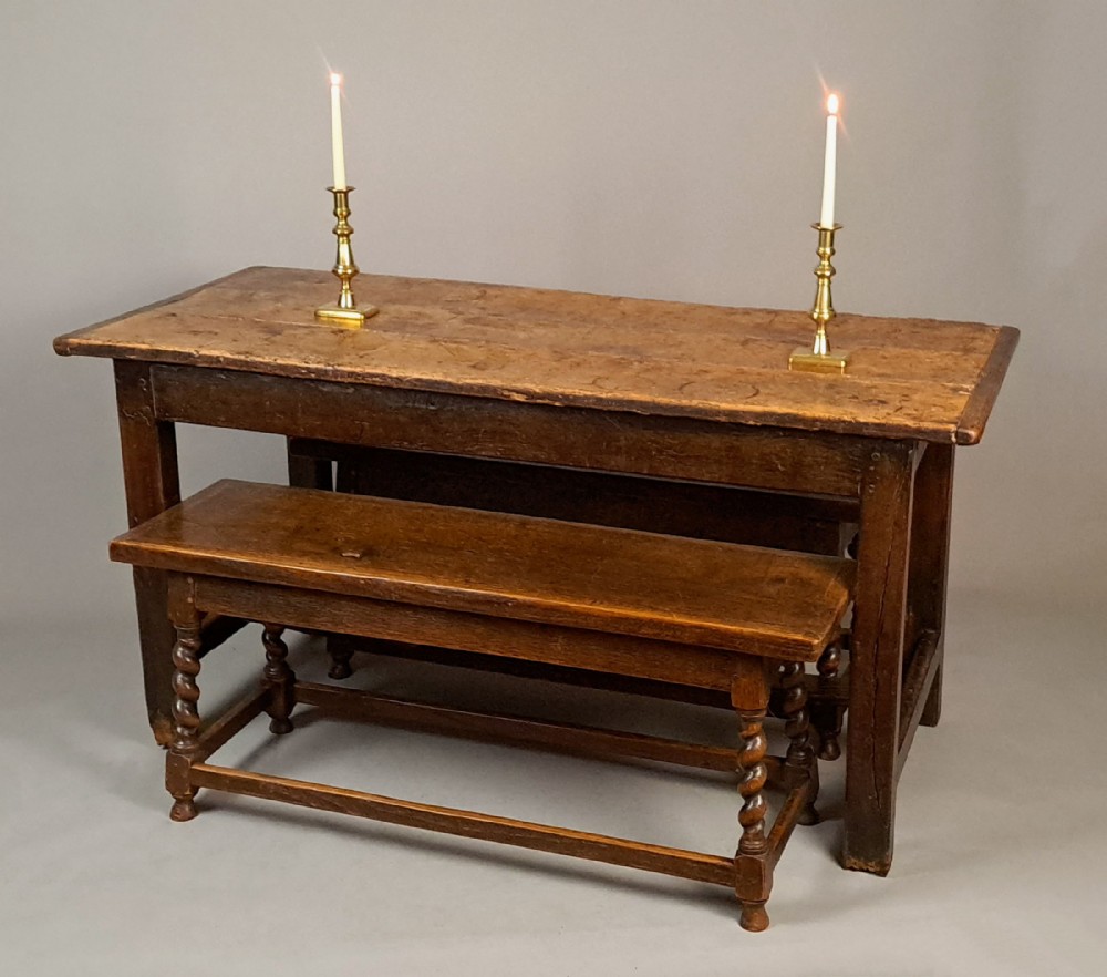 18th Century Elm Farmhouse Table with Pair of Oak Bench Seats