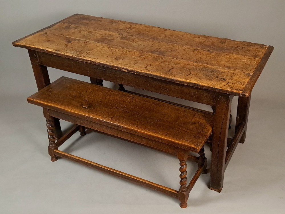18th Century Elm Farmhouse Table with Pair of Oak Bench Seats View II